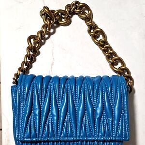 Ruched Mini Shoulder Bag Blue | Chunky Gold Chain